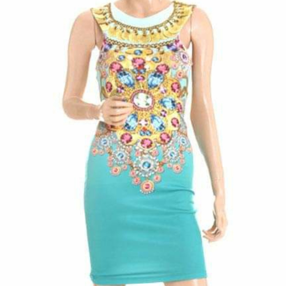 Bejewelled printed bodycon dress